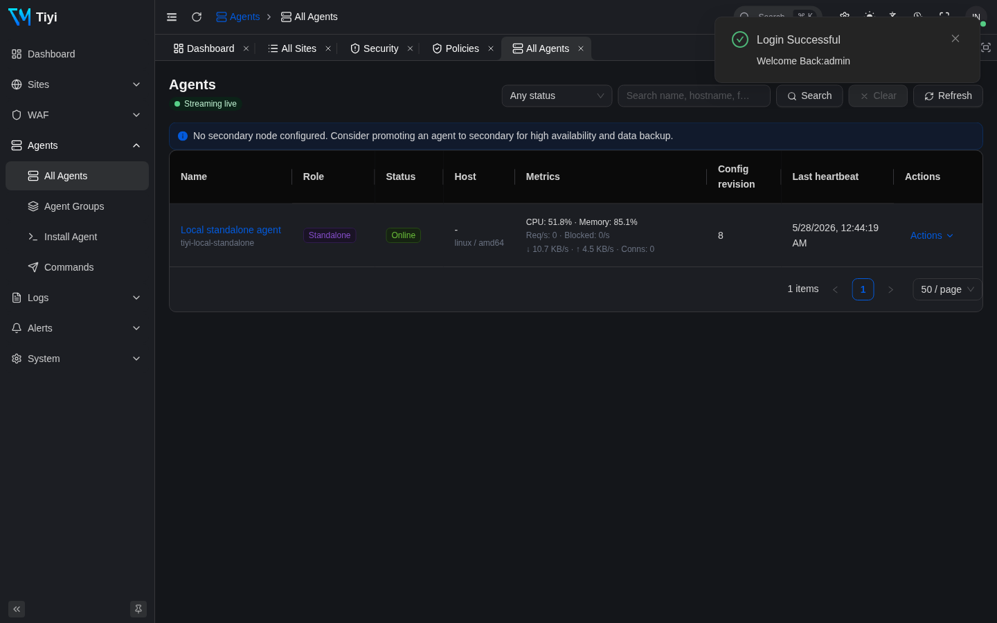 Agents list with one online standalone agent