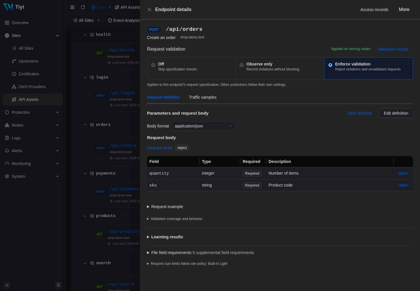 Order request definition with required fields, validation mode and node application state