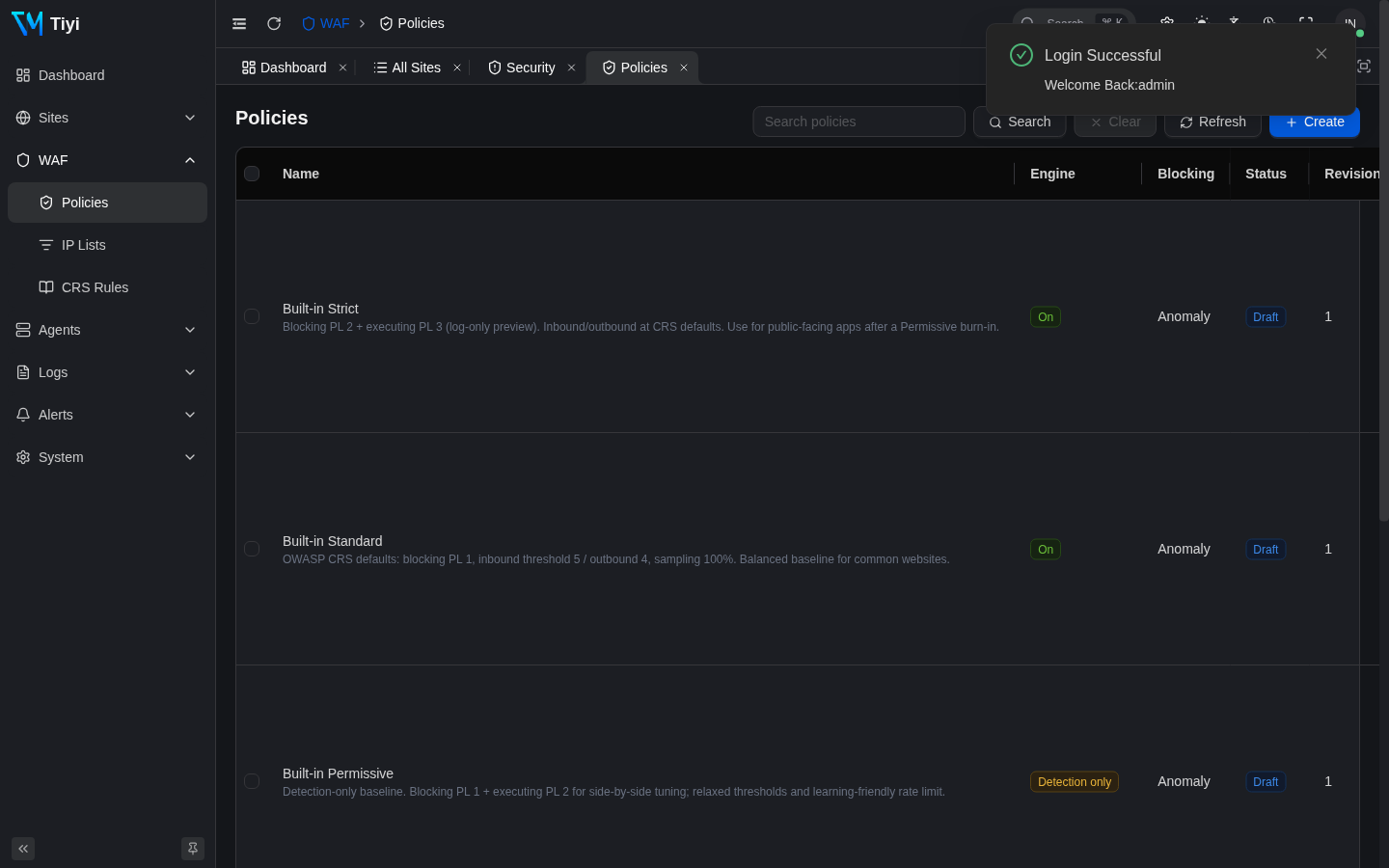 WAF policies list with built-in templates