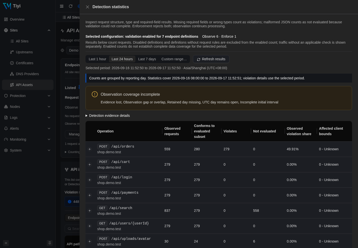 API validation results produced by actual conforming and invalid requests