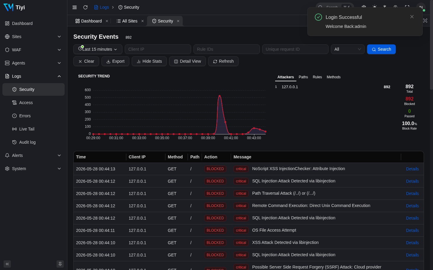 Security event list with SQL injection, XSS, and RCE blocks