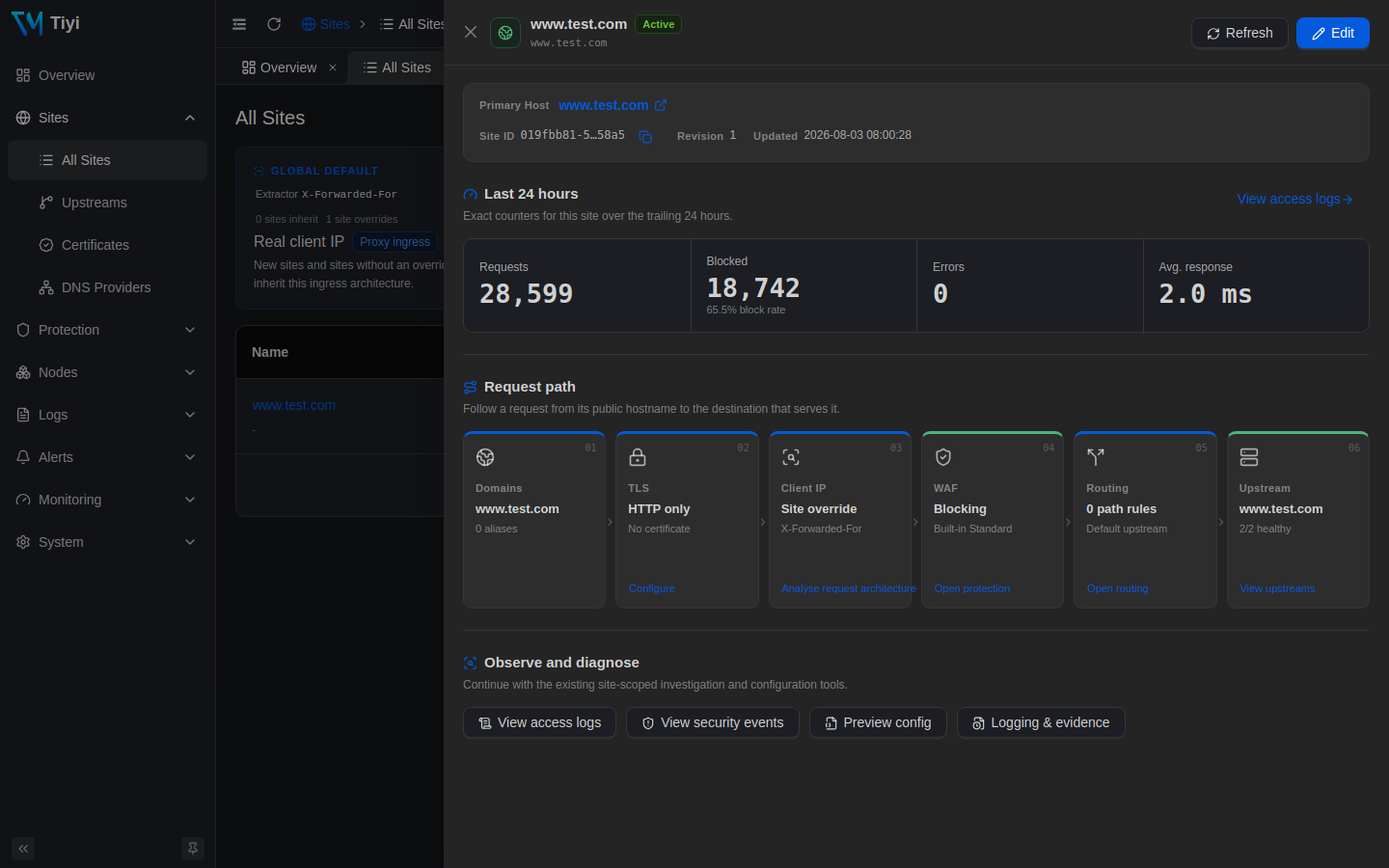 Site overview tracing hostname, TLS, WAF, routing, and upstream status