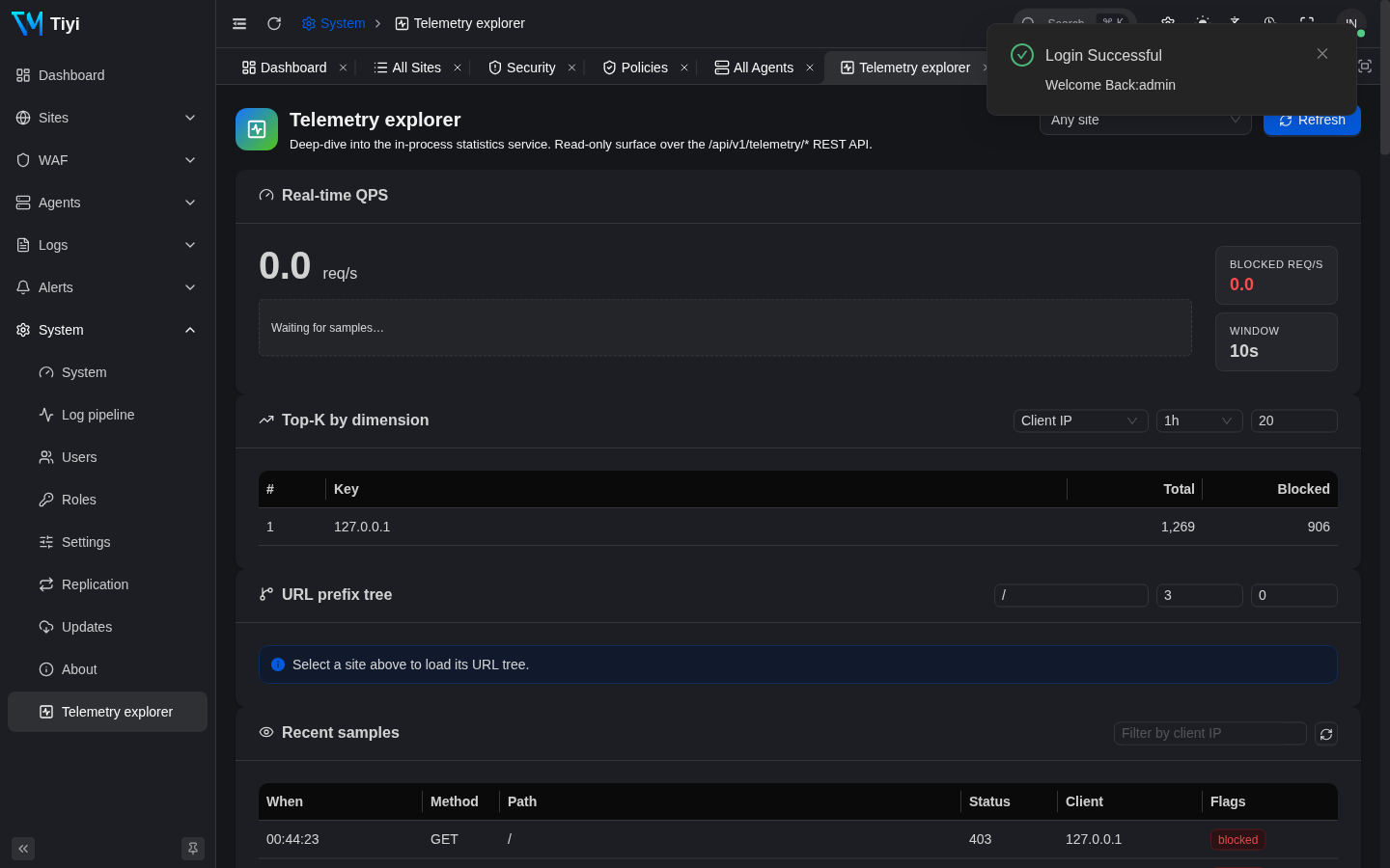 Telemetry explorer showing real-time QPS and Top-K by client IP