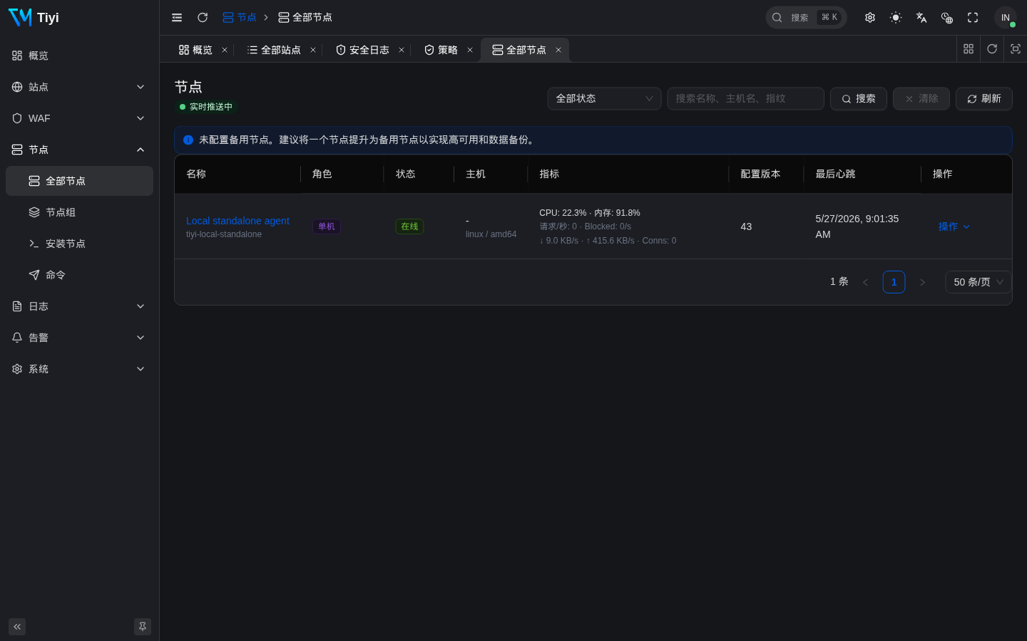 节点列表：一台在线的单机节点