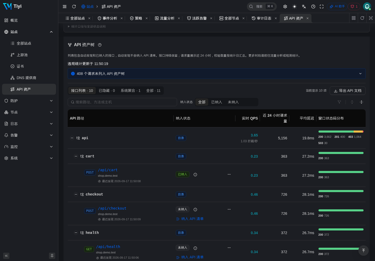 演示商店的 API 清单，展示真实接口流量与清单覆盖情况