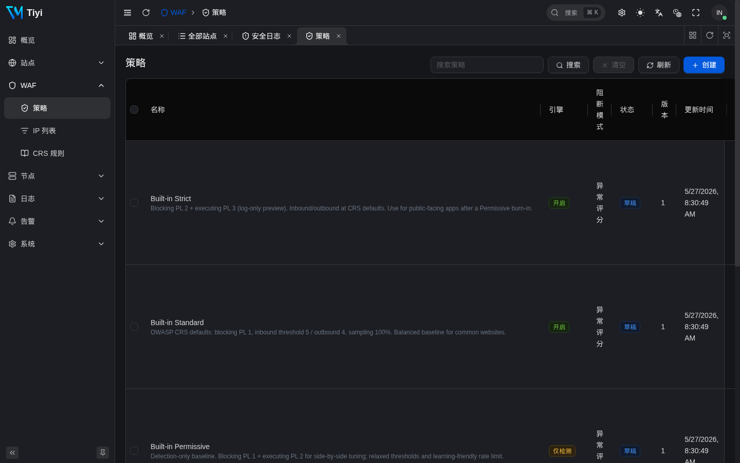 WAF 策略列表与内置模板