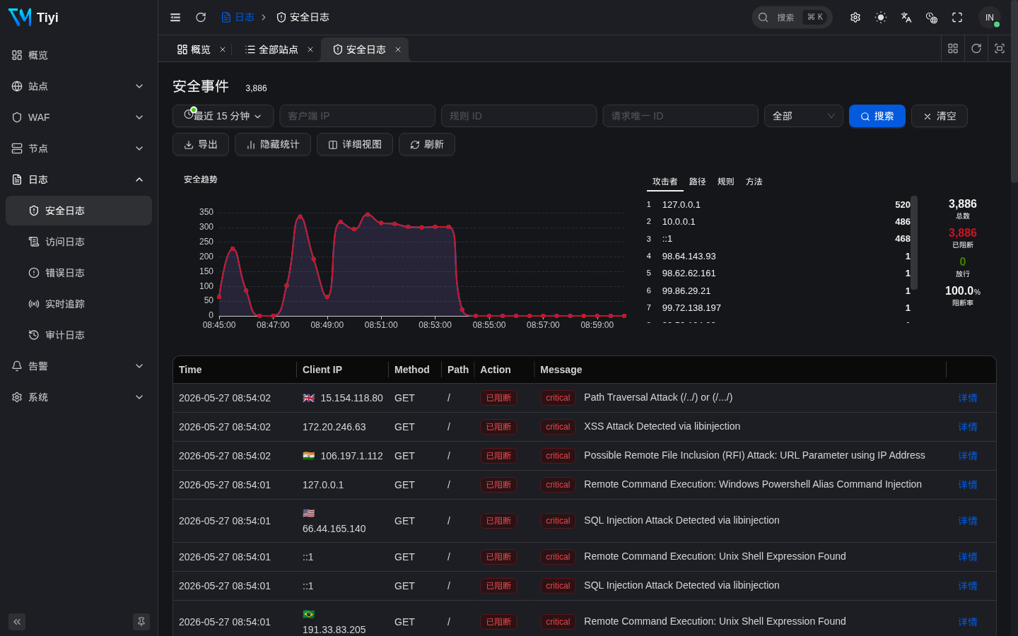 安全事件列表：SQL 注入、XSS 与 RCE 拦截记录